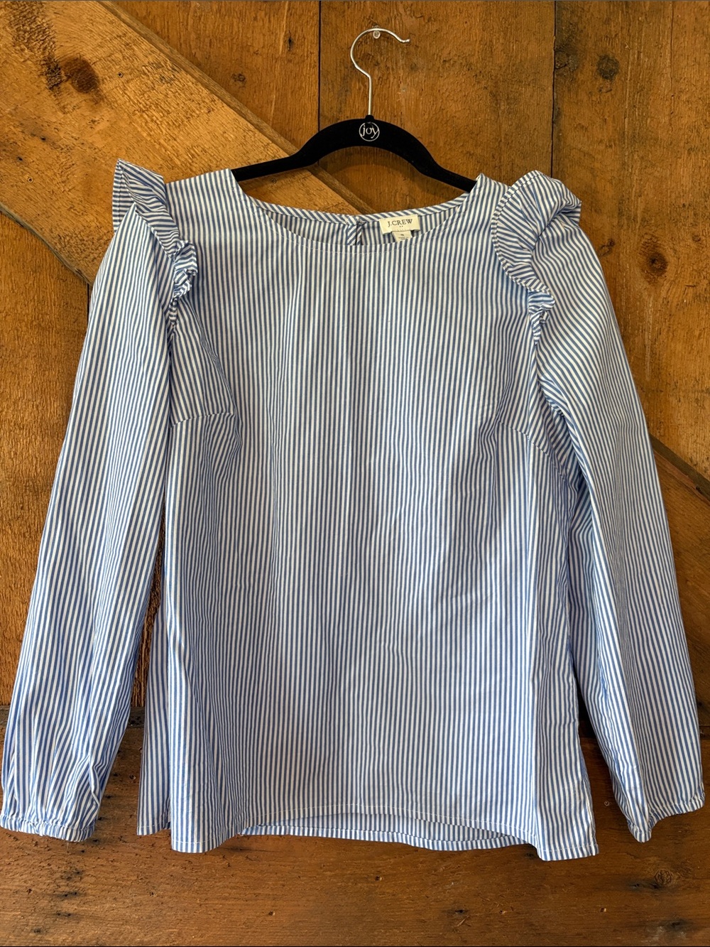 J. Crew Womens Blue White Pinstripe Ruffle Shoulder Blouse Top Small